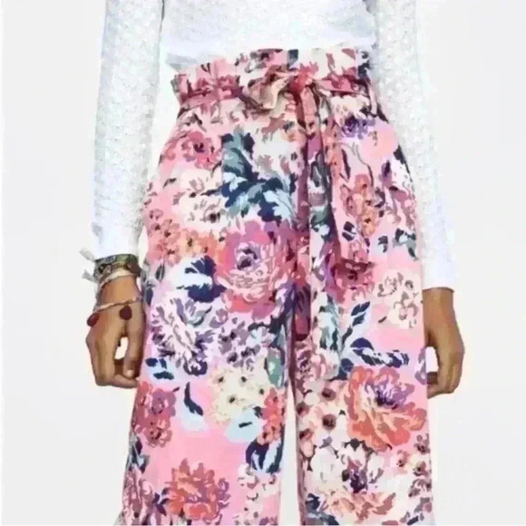 Zara Pink Floral Wide Leg Pants Tie Waist High Rise- Size Extra Small - Picture 3 of 8